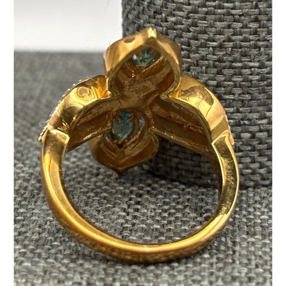 Gorgeous Blue Stone Marquise Cross Statement Ring Gold Tone Size 6